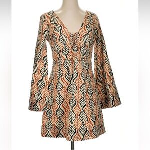 Free People Boho Tunic Dress Lace-Up Bell Sleeve Leaf Print – Small